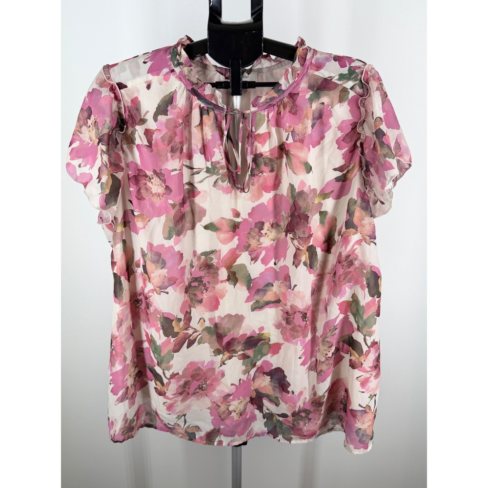 Haver & Blair London Pink Floral Ruffle Neck Tie Blouse Top Plus Size 2X Womens
